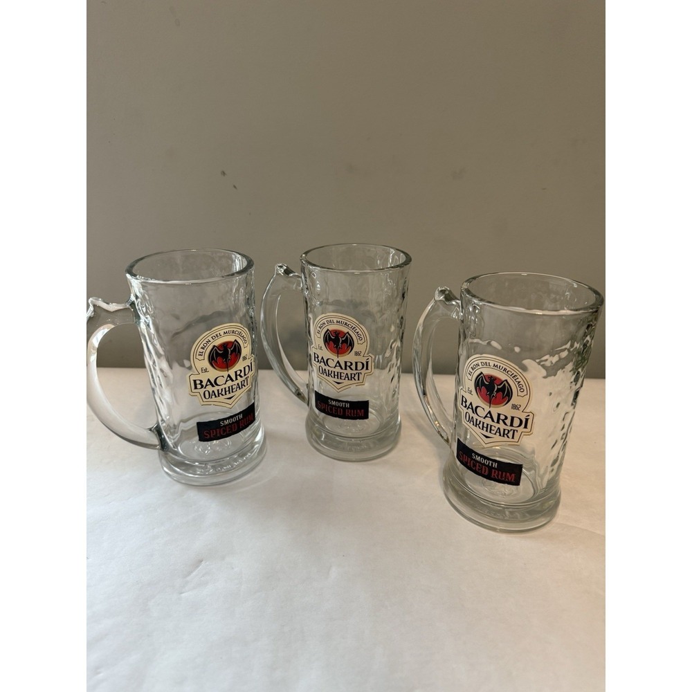 Set Of 3 Bacardi Mugs Clear Heavy Glass 16 Oz Smoot Spiced Rum